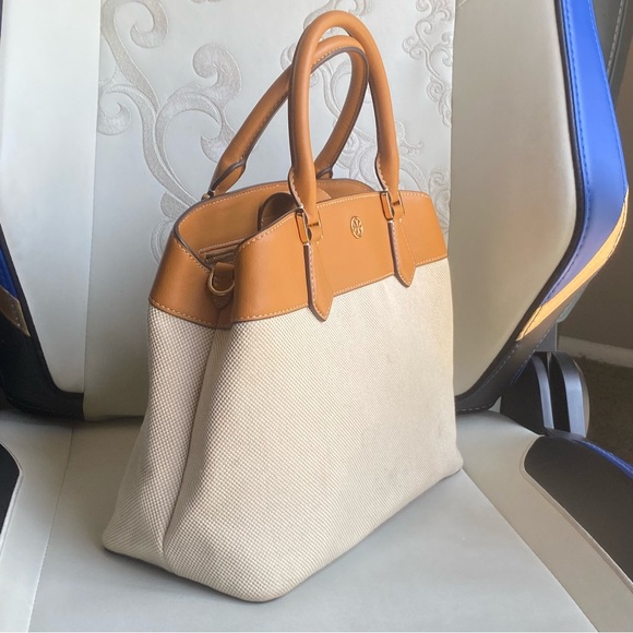 Tory Burch Tan & Brown Leather Canvas Bag - Picture 2 of 14